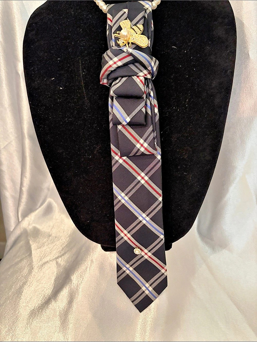 Bar III Plaid Scarf Necklace Tie in Navy Blue & White Like New